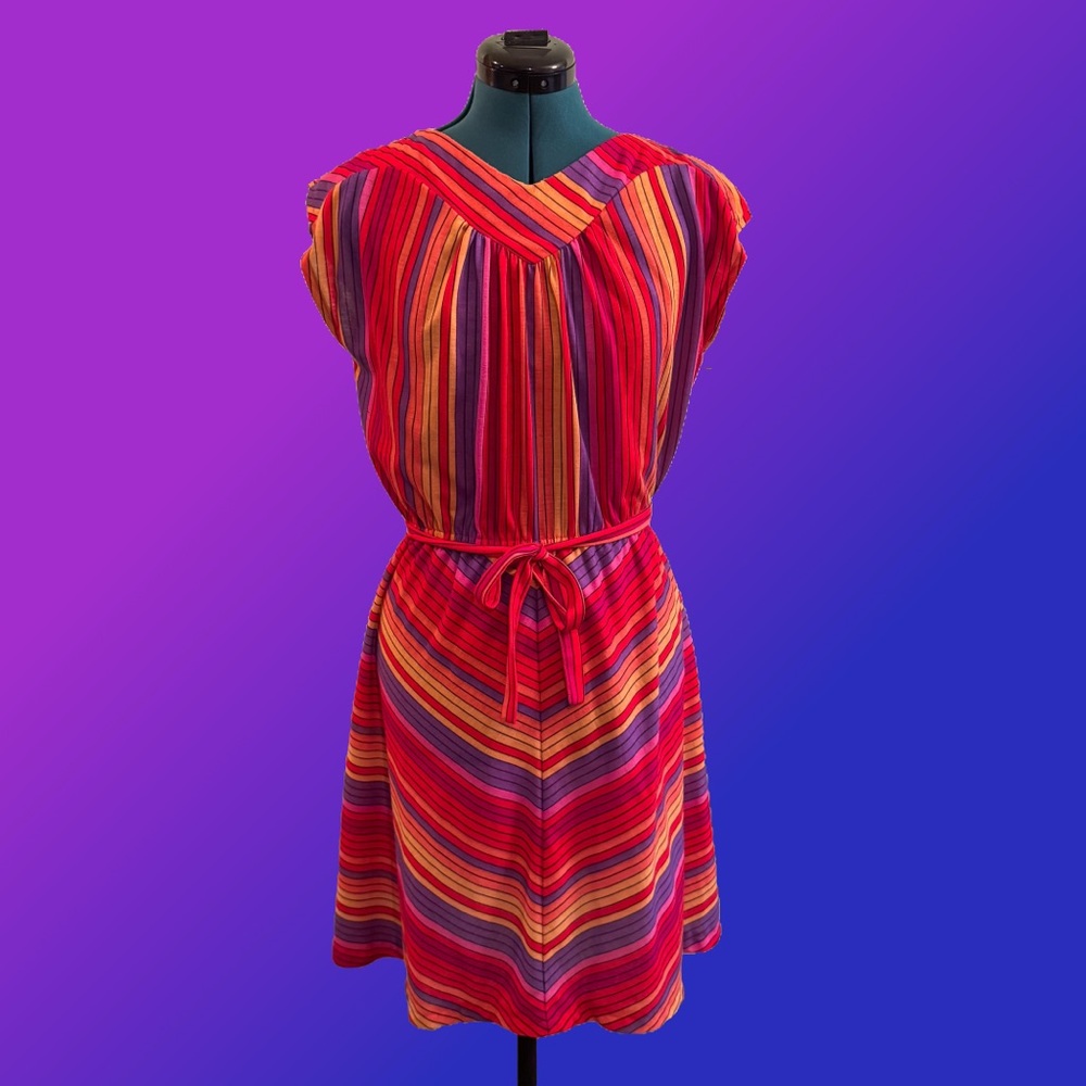 Vintage 1980s Rainbow Striped Knit Dress - Small